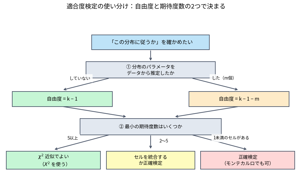 適合度検定の使い分けを示すフローチャート。この分布に従うかを確かめたいという出発点から、①分布のパラメータをデータから推定したかで分岐し、していなければ自由度k−1、した場合はm個ぶん引いて自由度k−1−m。次に②最小の期待度数はいくつかで分岐し、5以上ならχ²近似でよい、2〜5ならセルを統合するか正確検定、1未満のセルがあれば正確検定（モンテカルロでも可）