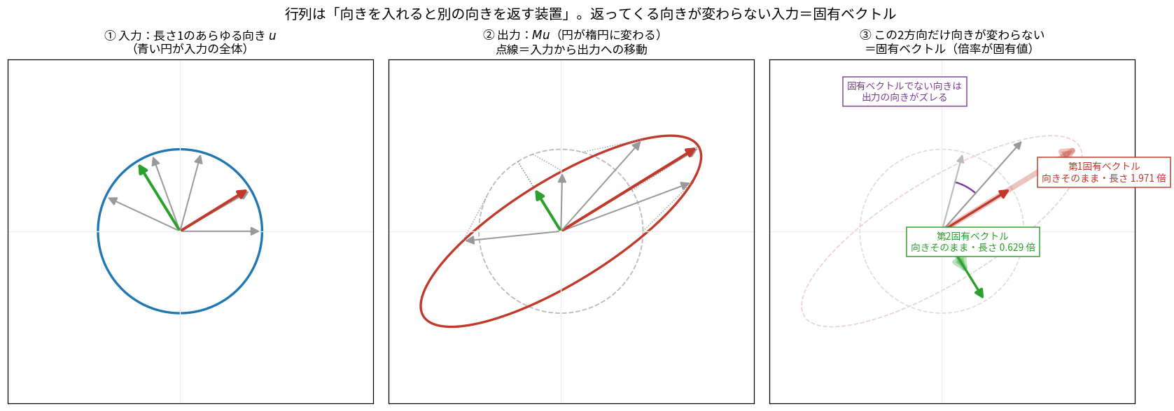 3枚のパネル。①長さ1のあらゆる向きを表す青い単位円と、そこから伸びる7本の矢印。②行列Mを掛けた出力で、円が斜めの楕円に変形し、各矢印が長さと向きを変えている。点線が入力から出力への移動を示す。③2本の固有ベクトルだけが向きを変えず長さだけ1.971倍と0.629倍に変わっている様子