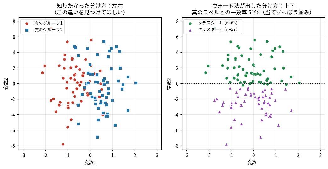 真のグループは左右に分かれているが、ウォード法は上下に切ってしまい、一致率が約51%(実測50.8%)となる