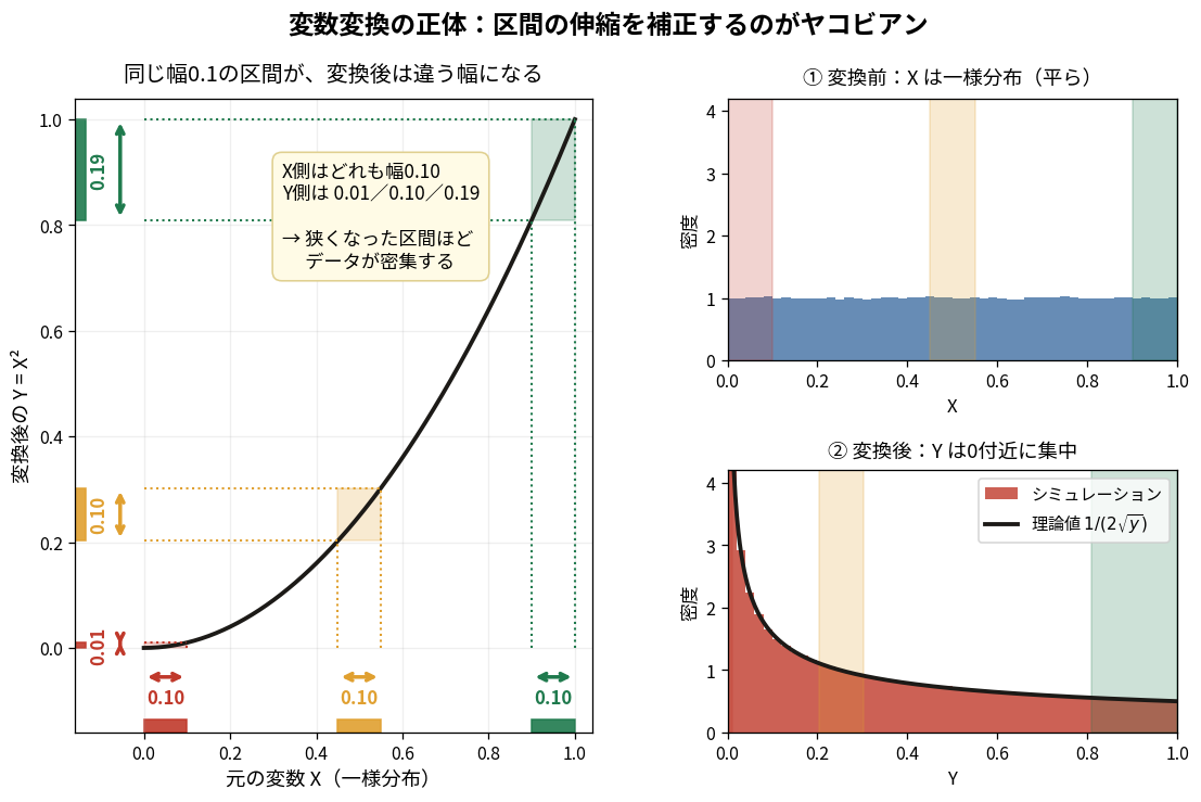変数変換で区間の幅が変わることを示す3パネルの図。左の大きなパネルは横軸が元の変数X(0〜1の一様分布)、縦軸が変換後のY=X²で、放物線に沿って幅0.10の区間を3つ色分けして置いている。X側はどれも幅0.10なのに、Y側の幅は0.0〜0.1の赤が0.01、0.45〜0.55のオレンジが0.10、0.9〜1.0の緑が0.19と変わり、狭くなった区間ほどデータが密集すると注記されている。右上は変換前のXのヒストグラムで密度1の平らな分布、右下は変換後のYのヒストグラムで0付近に密度4以上まで集中し、理論値1/(2√y)の黒い曲線と重なっている